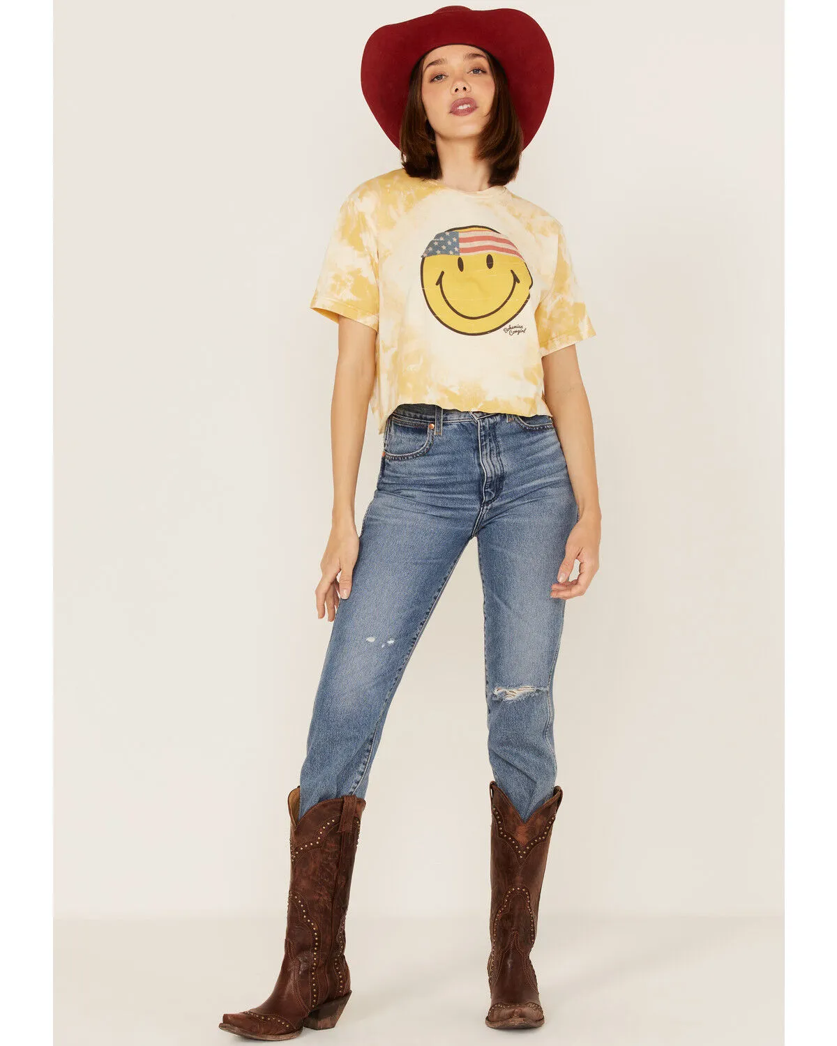 Product Name:  Bohemian Cowgirl Women's Boot Barn Exclusive Americana Smiley Face Graphic Bleach Spray Tee