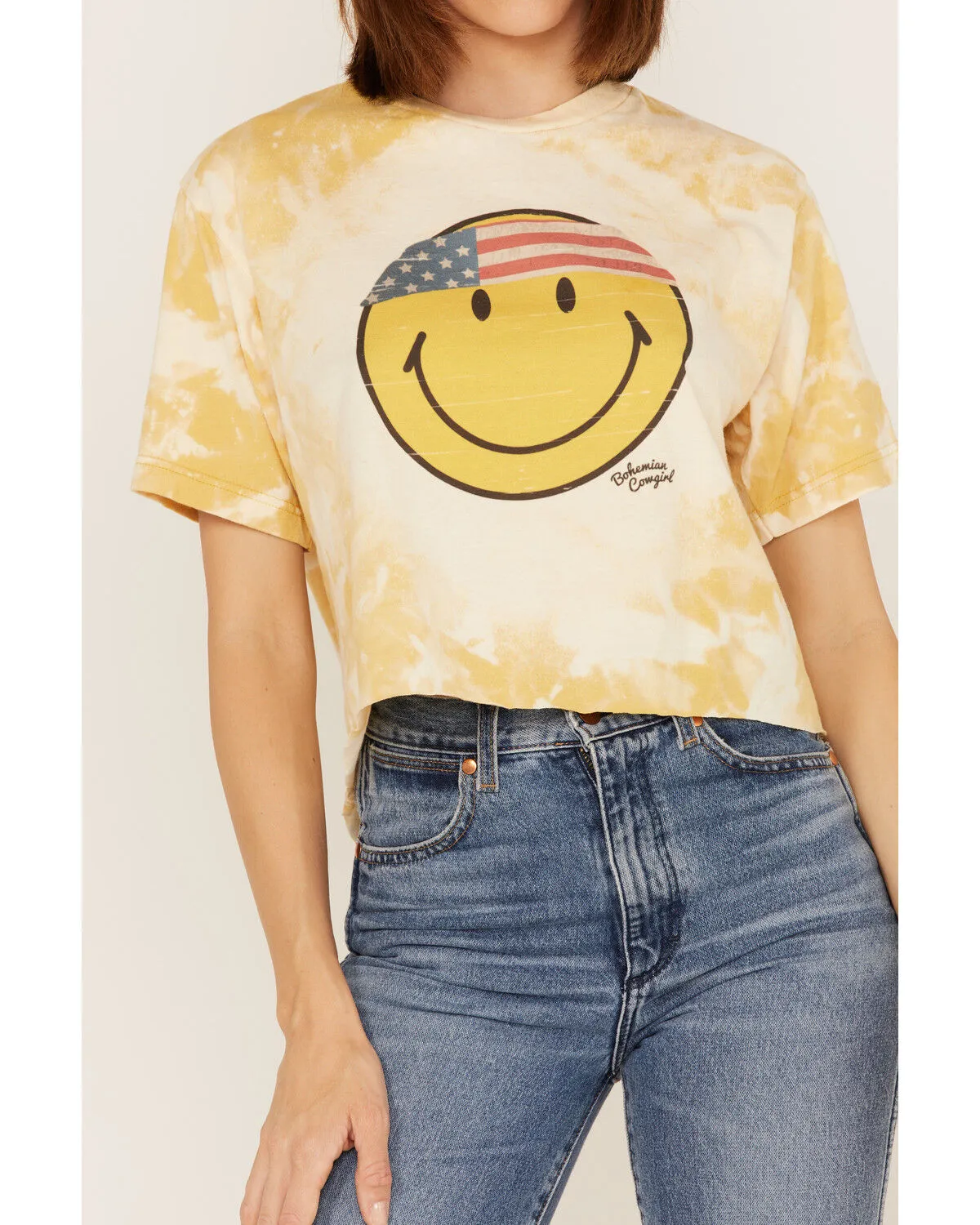 Product Name:  Bohemian Cowgirl Women's Boot Barn Exclusive Americana Smiley Face Graphic Bleach Spray Tee