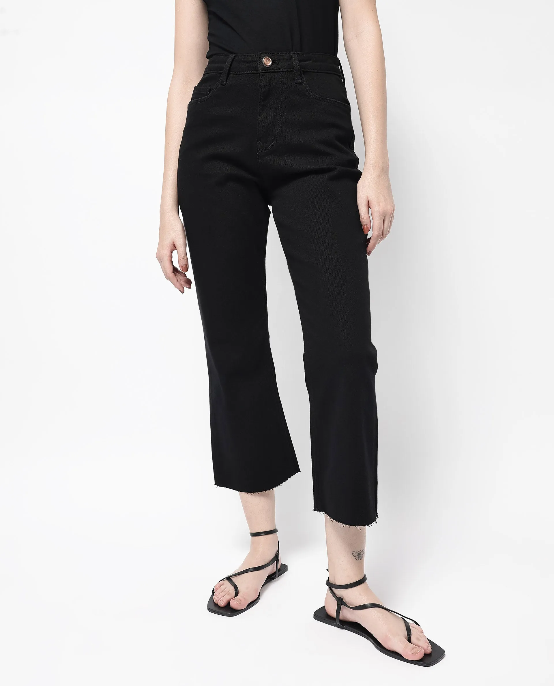 Rareism Women Winona Black Cotton Fabric Plain Crop Flare Jeans