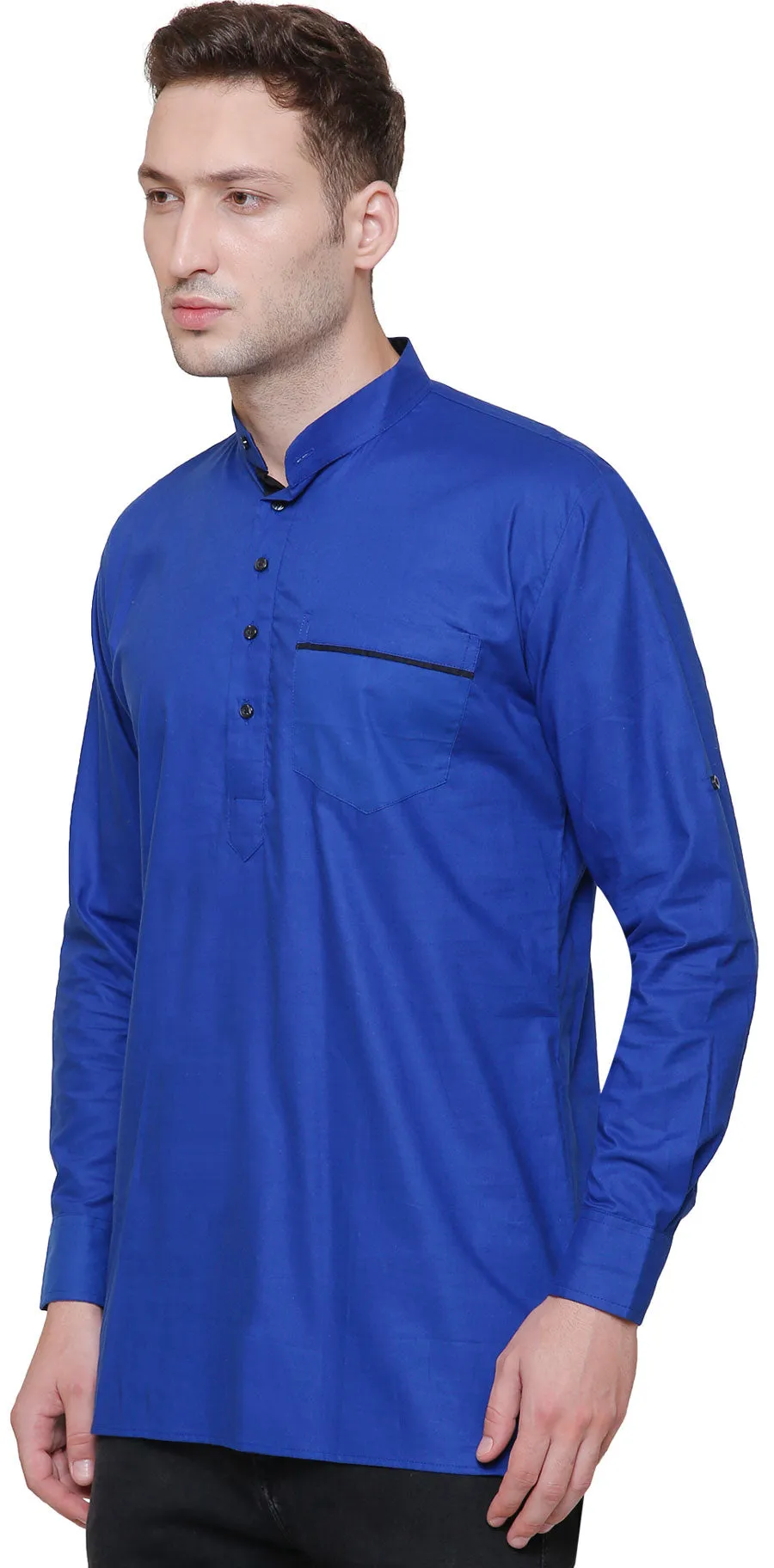 Short Kurta Shirt Mens Fine Cotton Designer Indian Fashion Clothes (Blue)