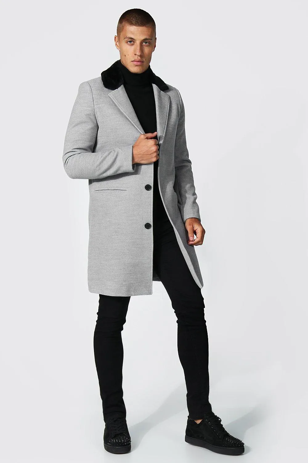 Smart Faux Fur Back Collar Overcoat | boohooMAN UK