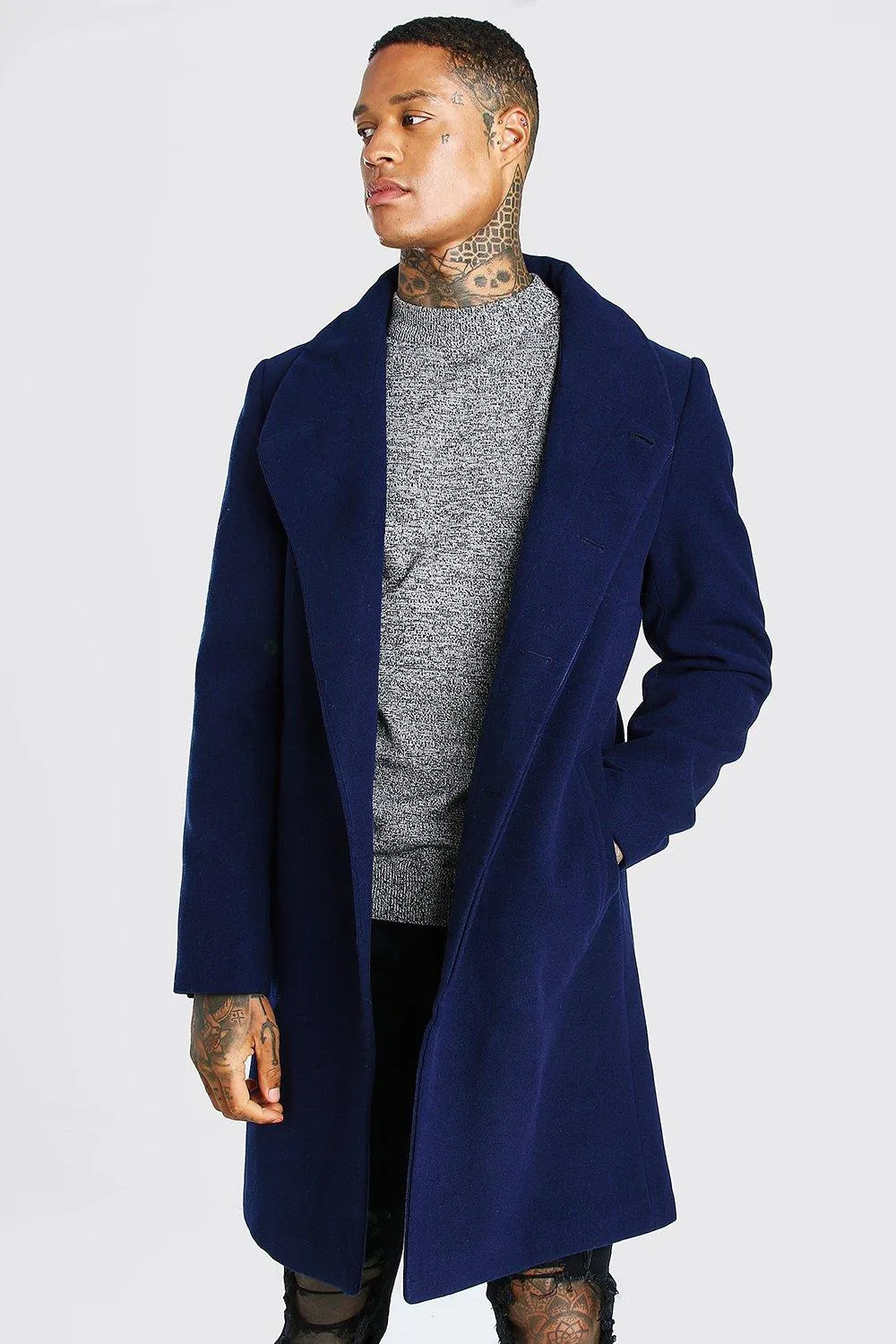 Smart Funnel Neck Overcoat With Concealed Buttons | boohooMAN UK