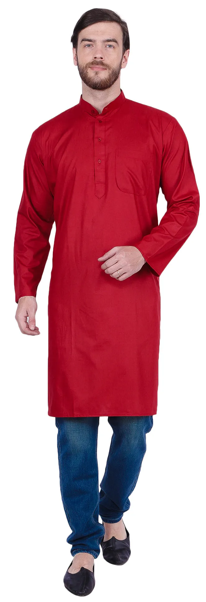 Solid Color India Cotton Men's Long Kurta Indian Clothing (Red)