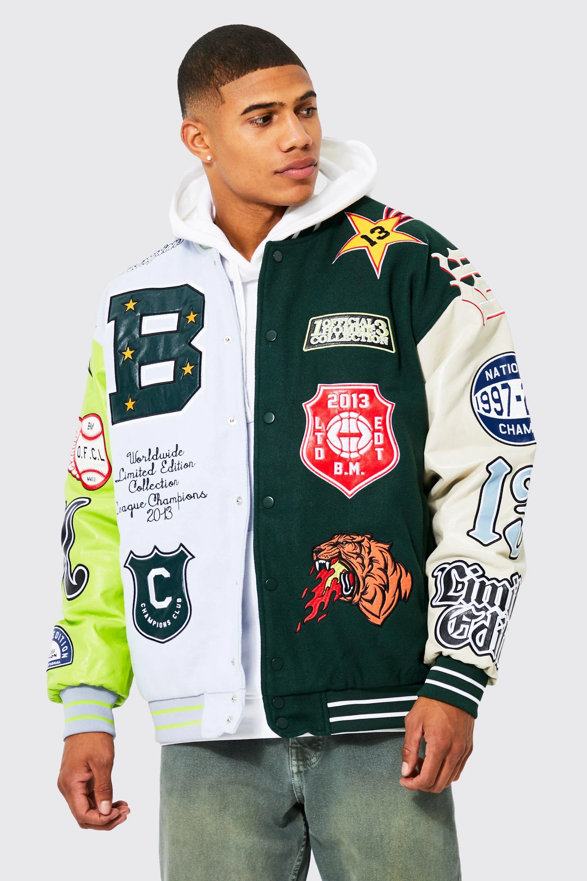 Spliced Back Tiger Badge Varsity Jacket