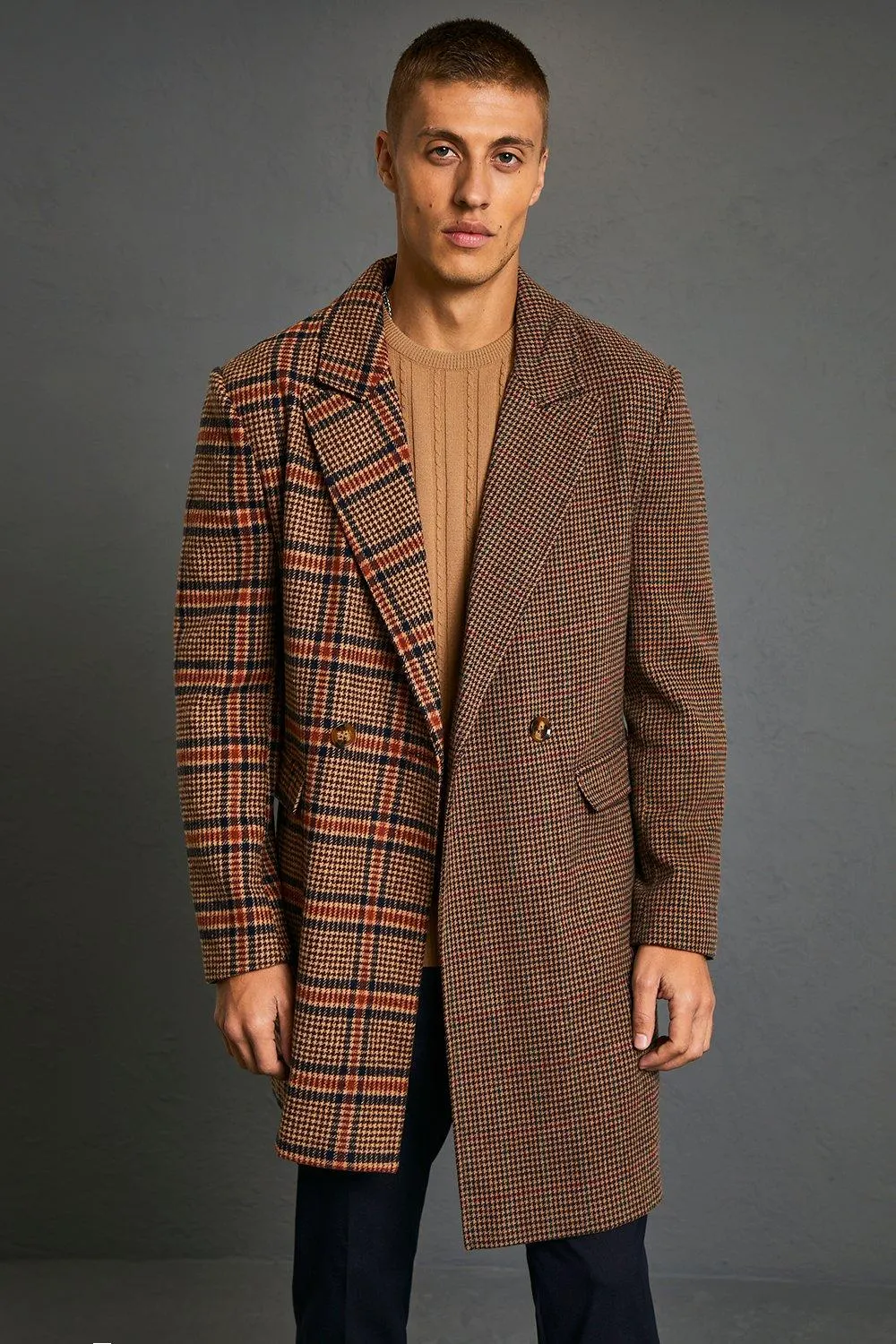 Spliced Check Asymmetric Overcoat | boohooMAN UK