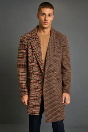 Spliced Check Asymmetric Overcoat | boohooMAN UK