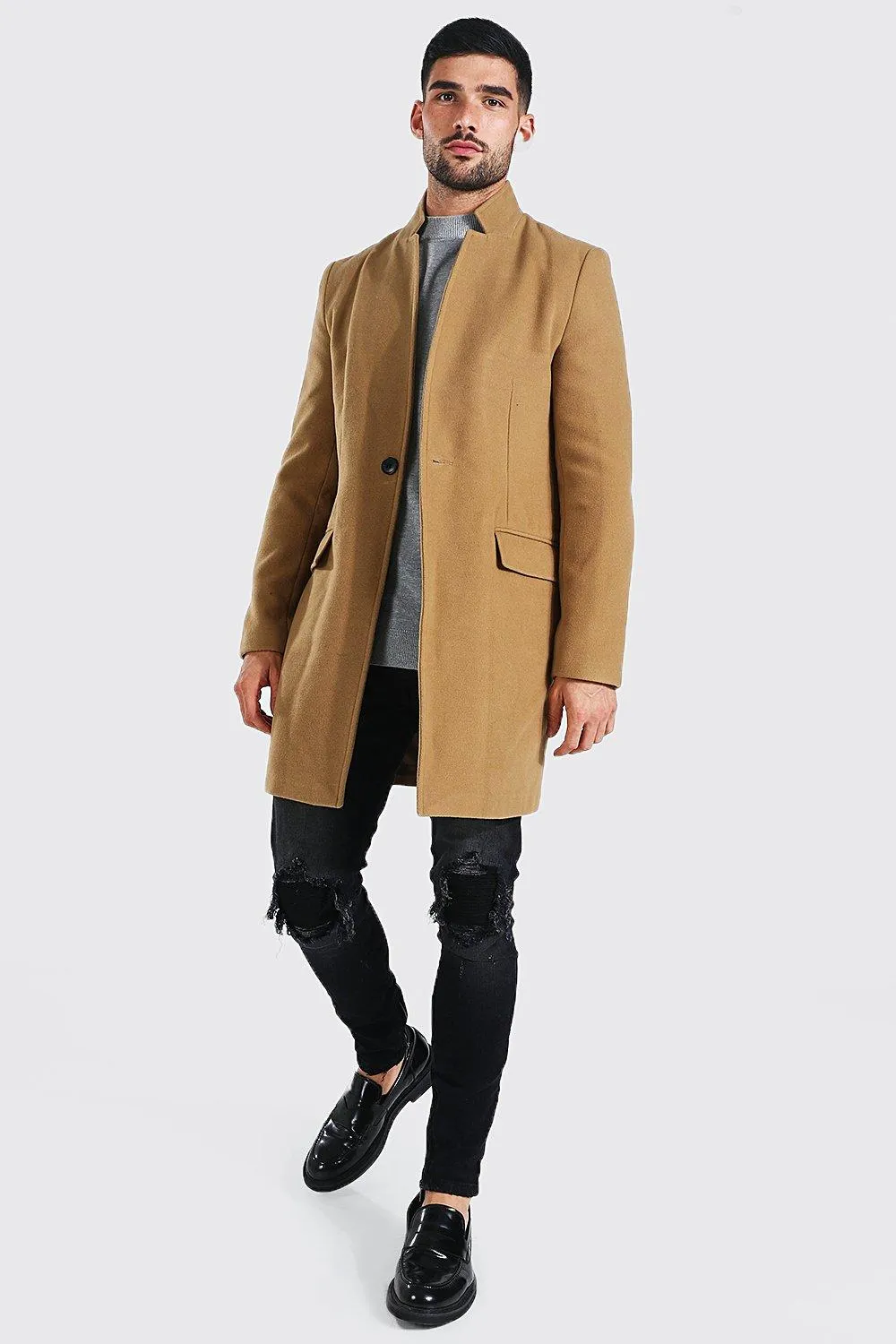 Stand Up Collar Button Overcoat | boohooMAN UK