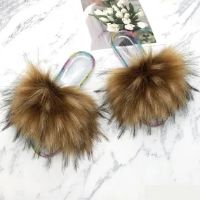 Summer Crystal Casual Raccoon Synthetic Fur House Slippers for Women