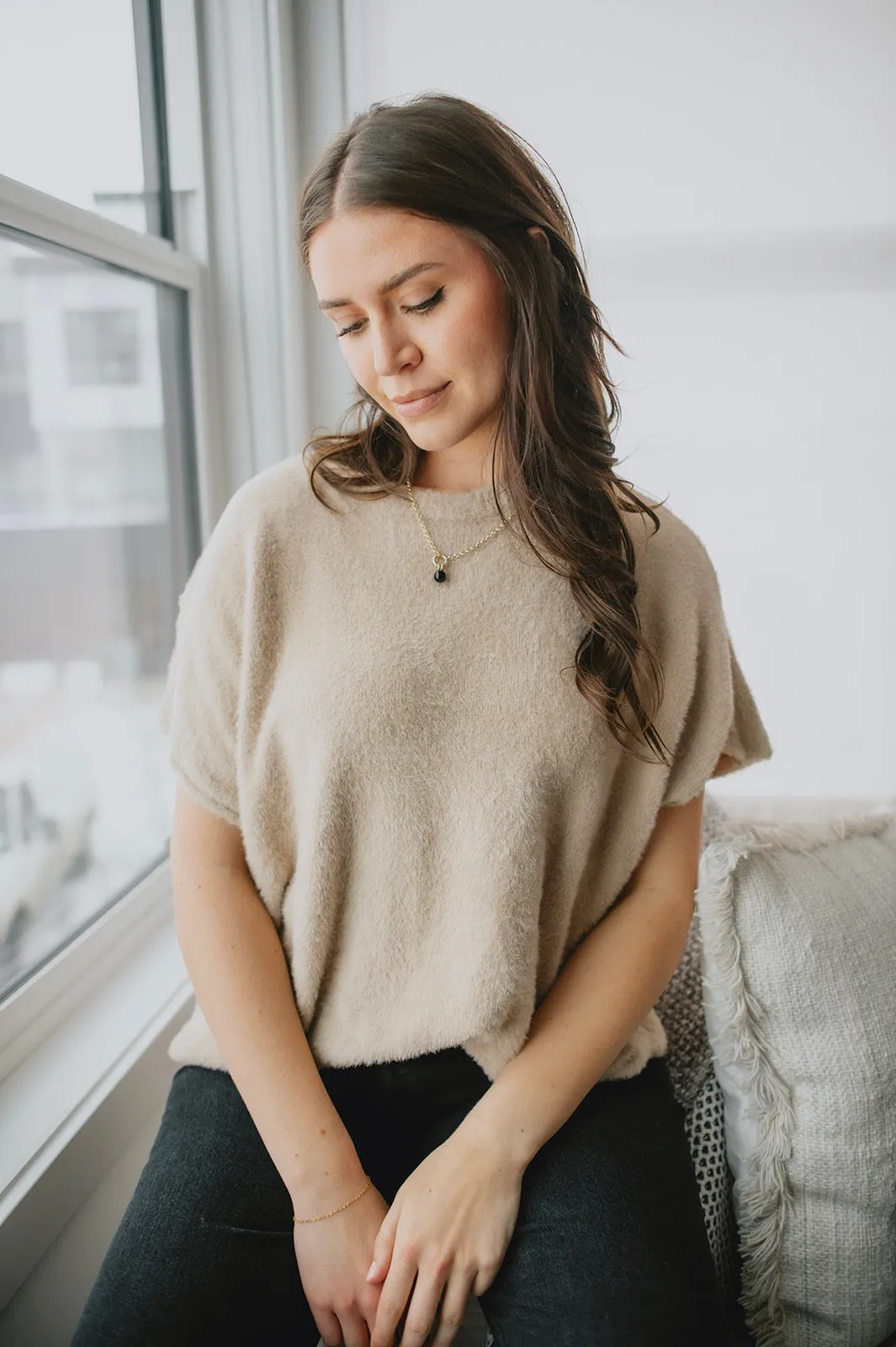 The Dani Short Sleeve Sweater Tee - Beige