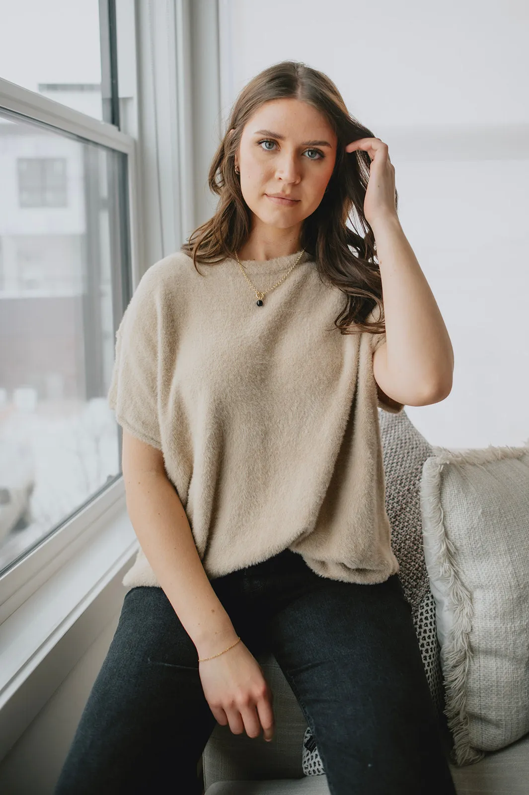 The Dani Short Sleeve Sweater Tee - Beige