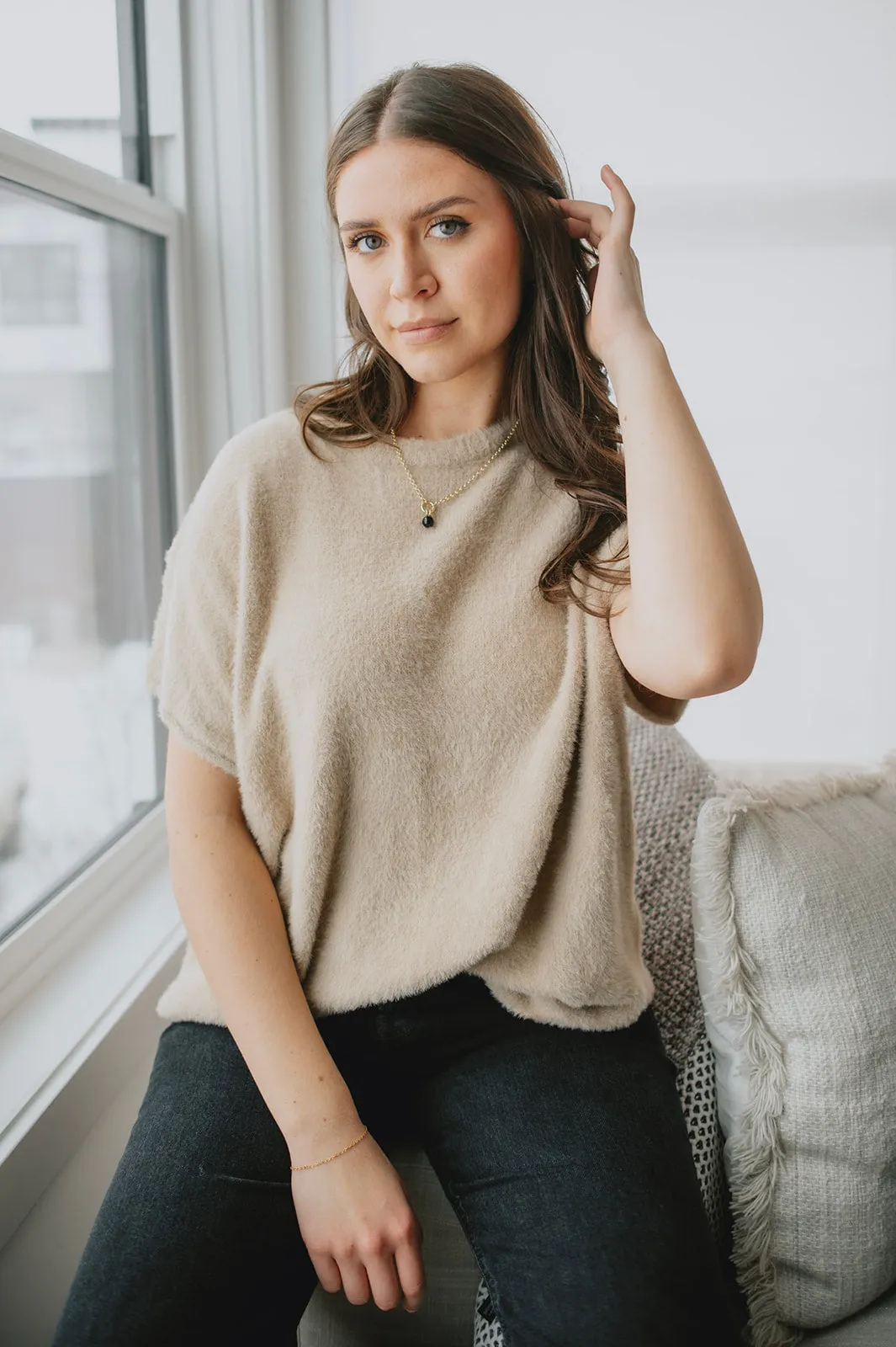 The Dani Short Sleeve Sweater Tee - Beige