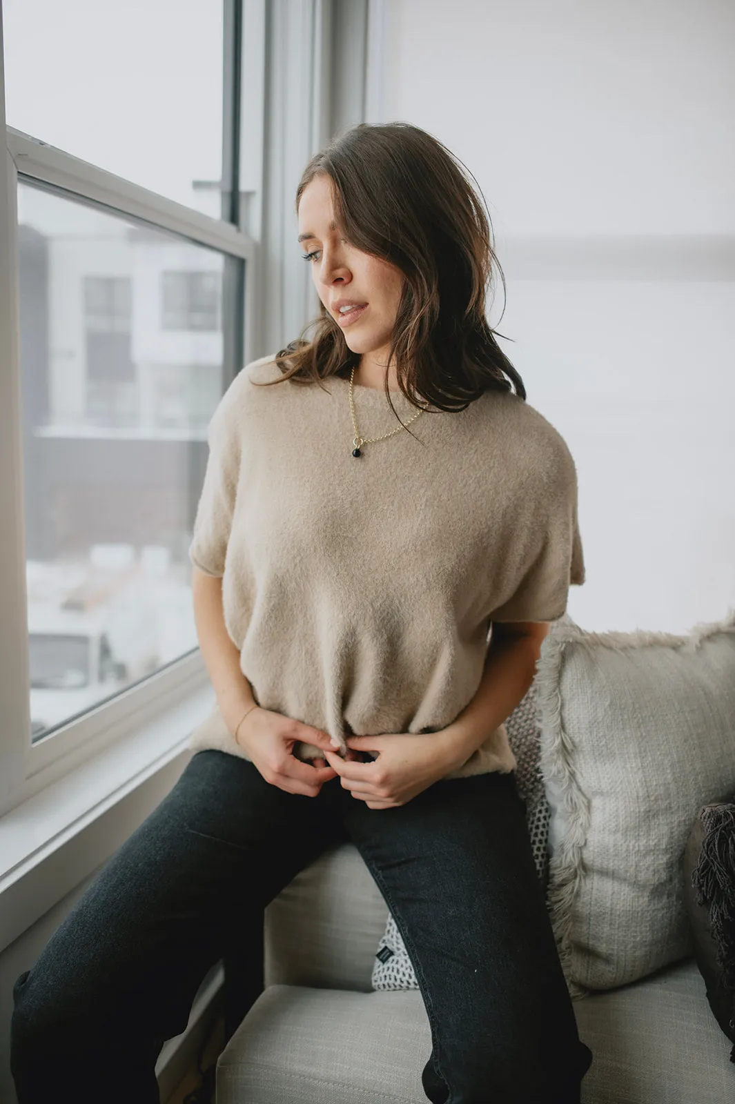 The Dani Short Sleeve Sweater Tee - Beige