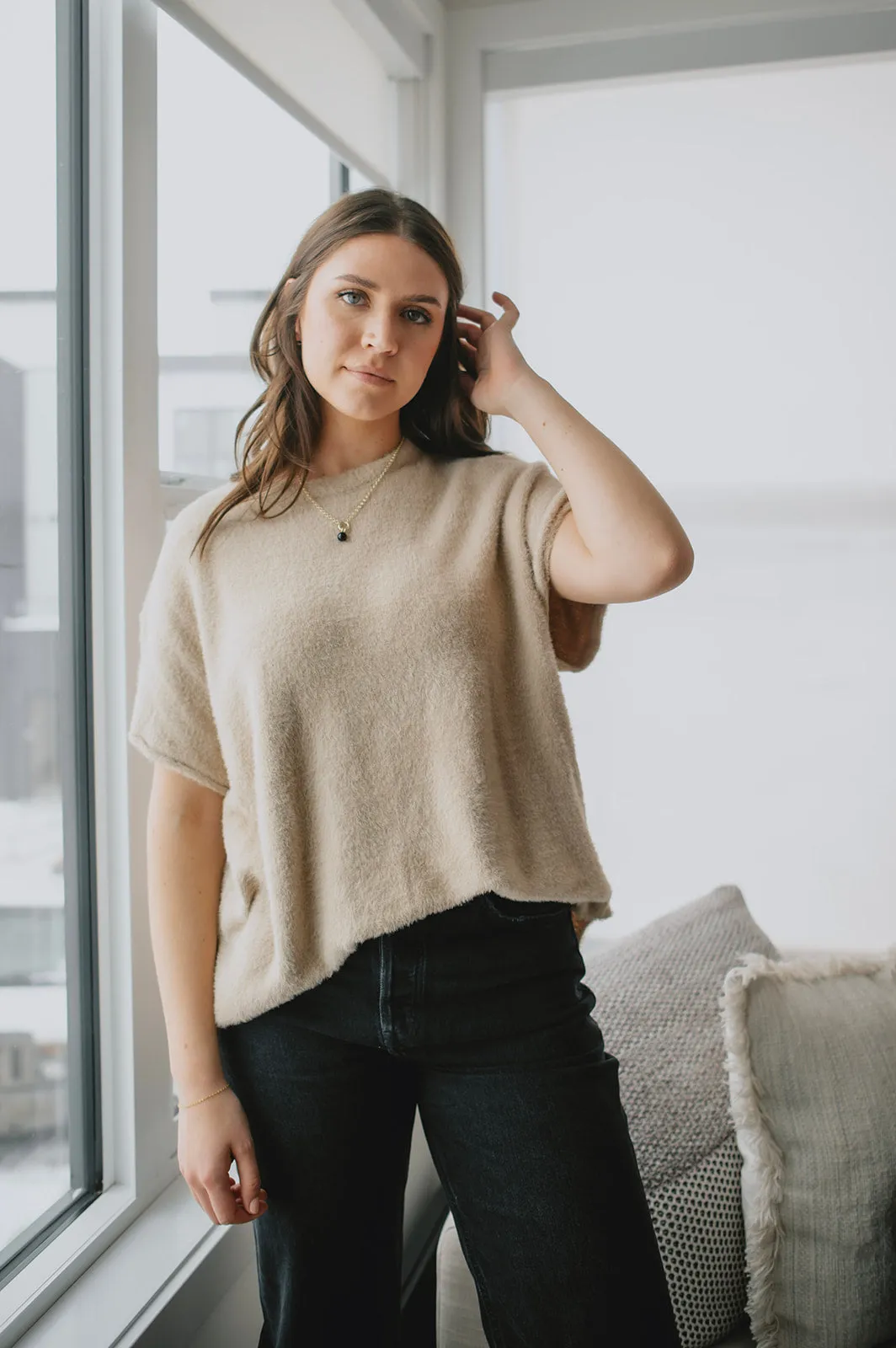 The Dani Short Sleeve Sweater Tee - Beige