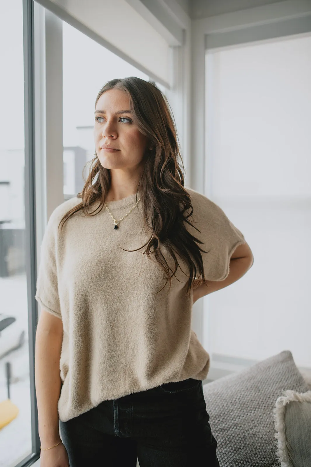 The Dani Short Sleeve Sweater Tee - Beige