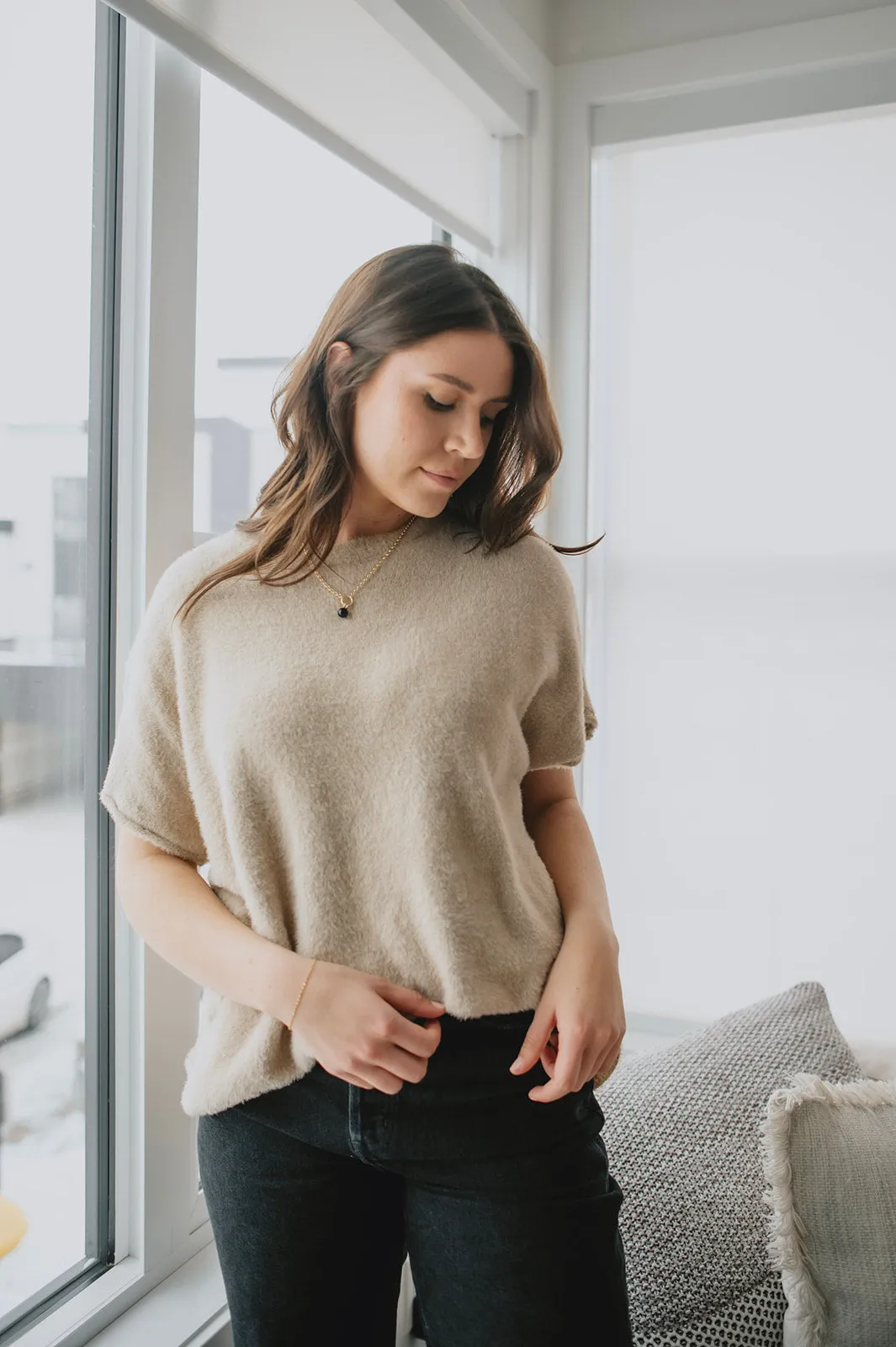 The Dani Short Sleeve Sweater Tee - Beige