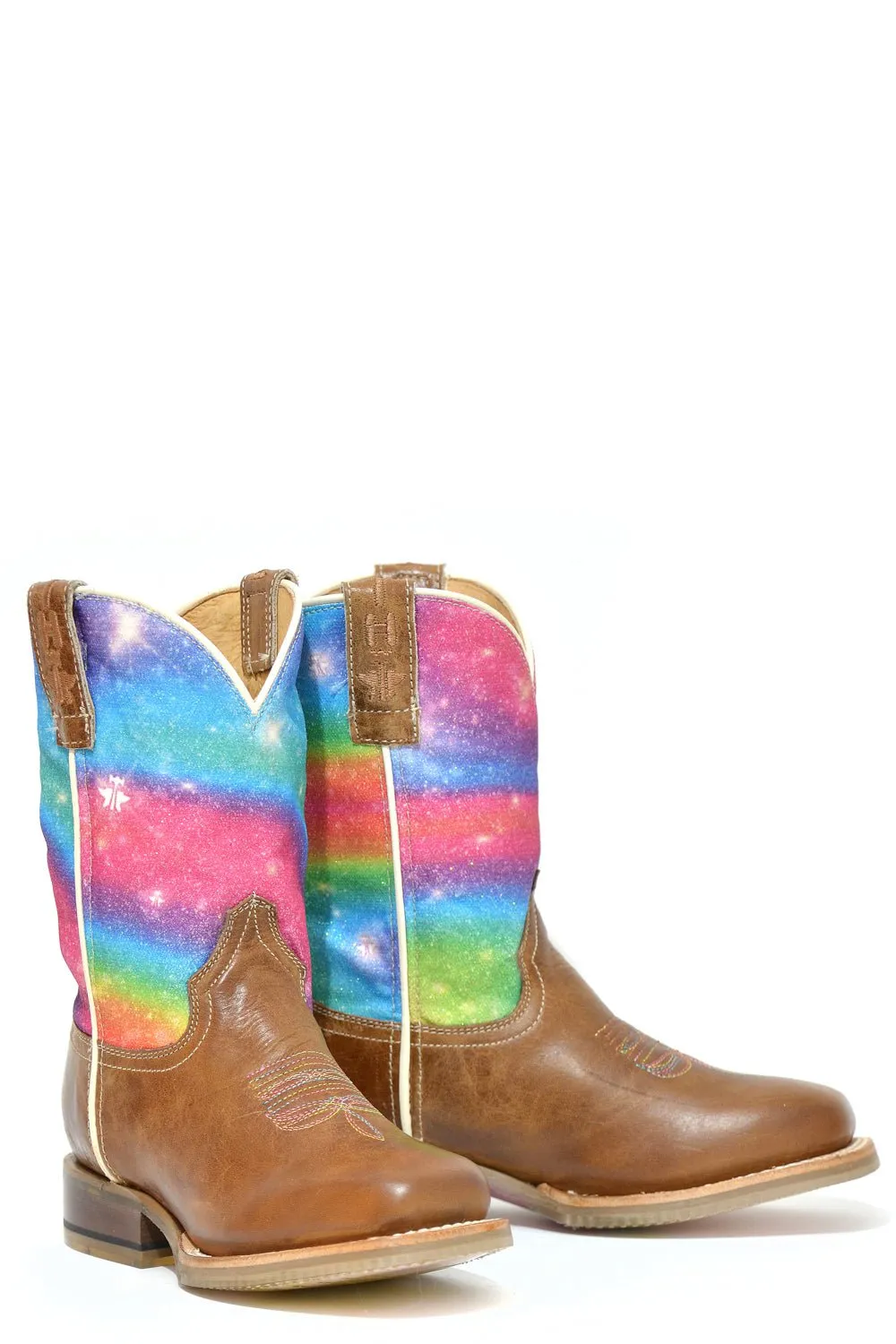 Tin Haul Kids Girls Rainbow Sparkles Brown Leather Cowboy Boots