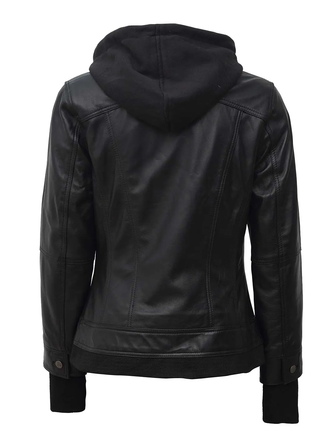 Tralee Petite Women's Black Motorcycle Leather Jacket with Hood