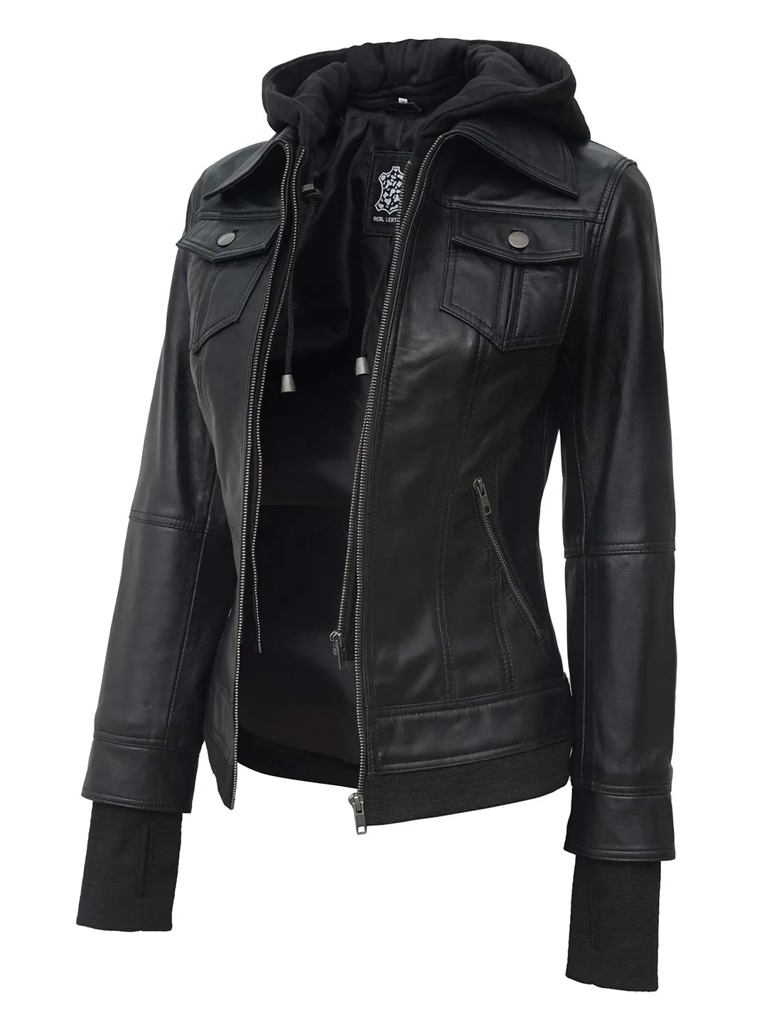 Tralee Petite Women's Black Motorcycle Leather Jacket with Hood