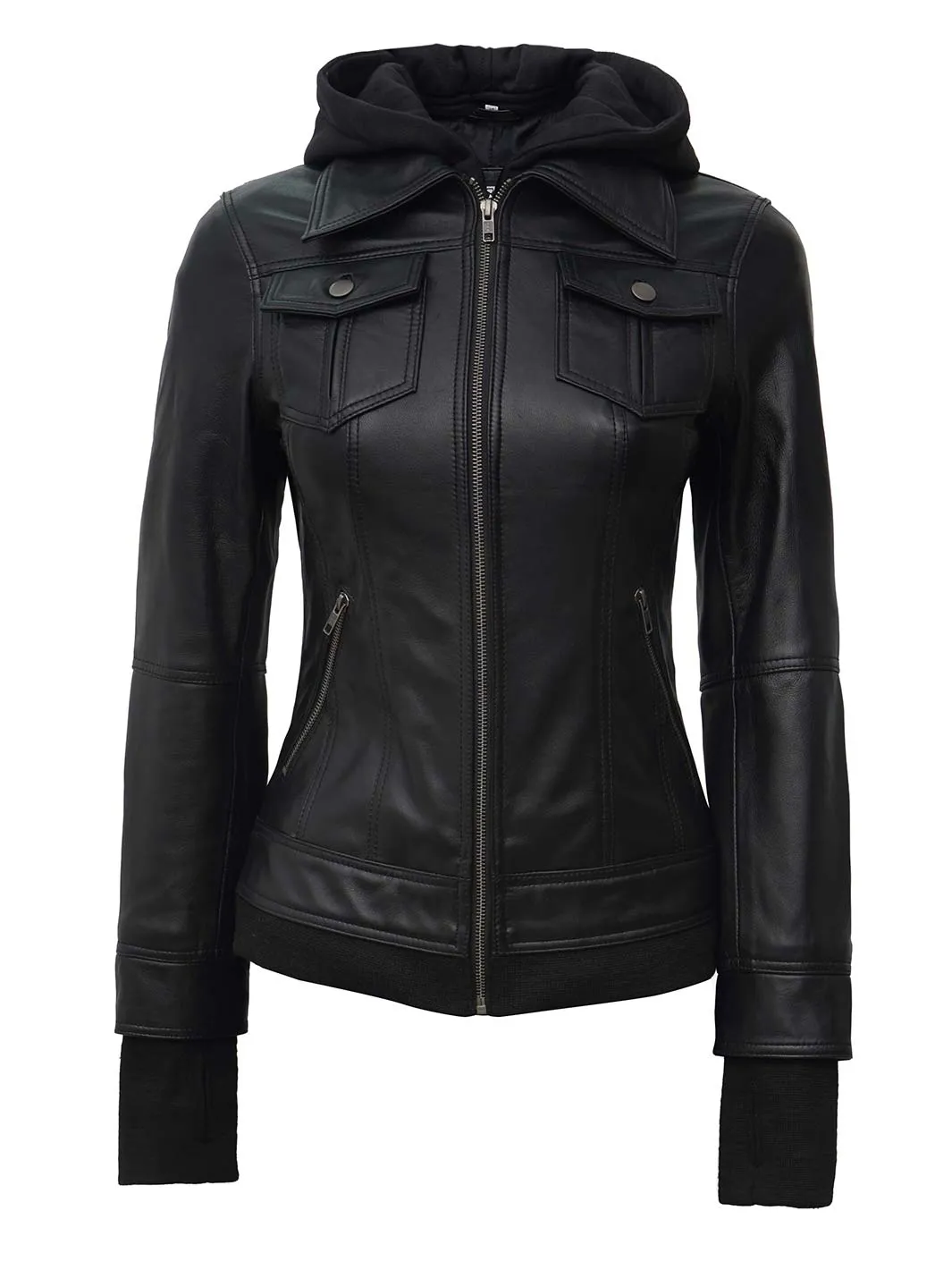 Tralee Petite Women's Black Motorcycle Leather Jacket with Hood