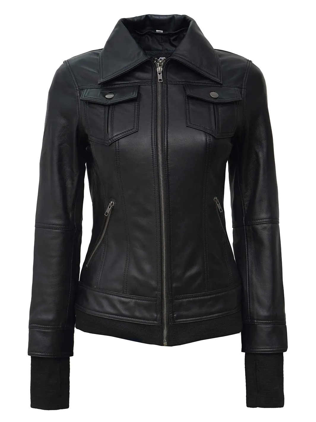 Tralee Petite Women's Black Motorcycle Leather Jacket with Hood