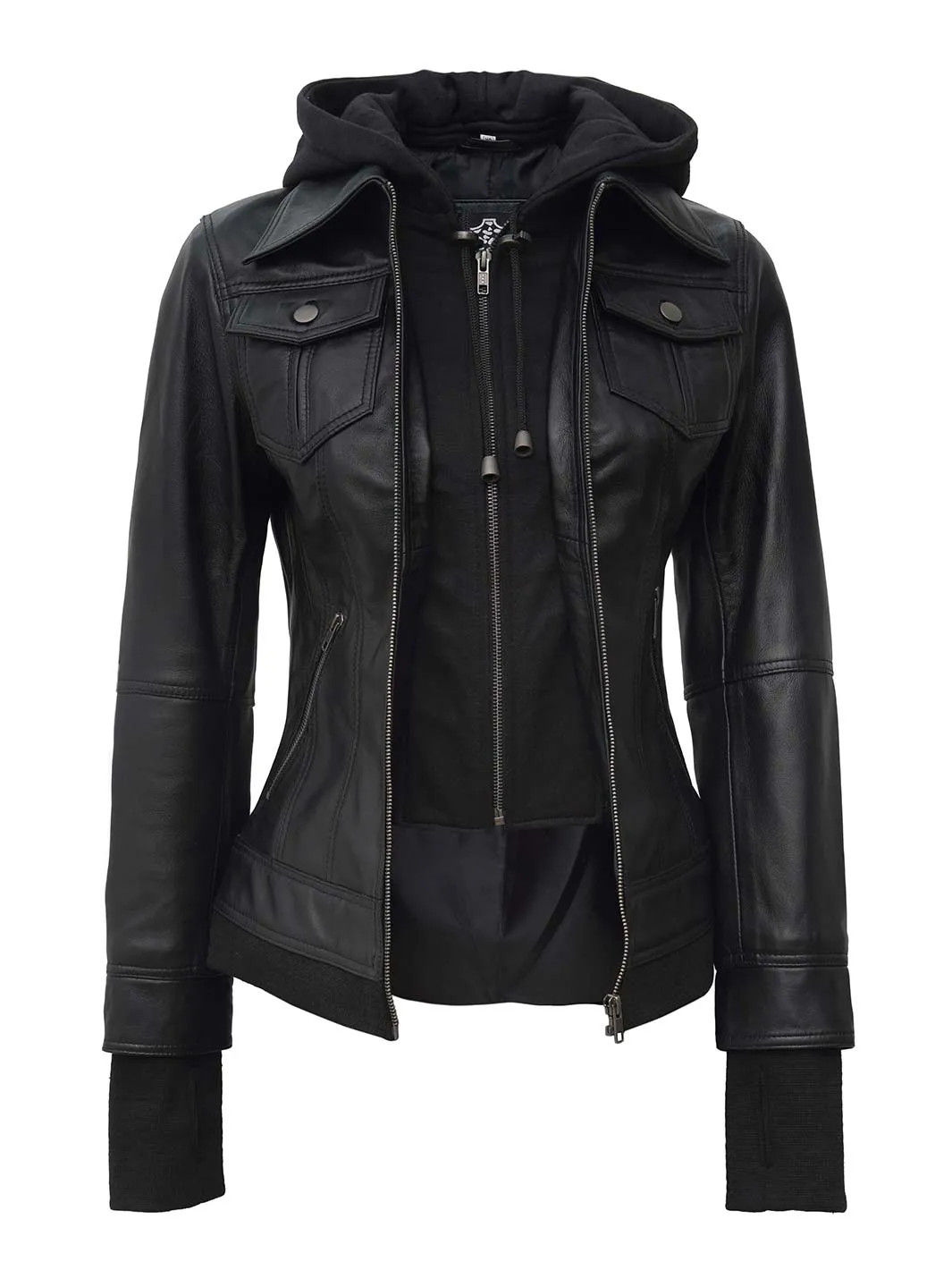 Tralee Petite Women's Black Motorcycle Leather Jacket with Hood