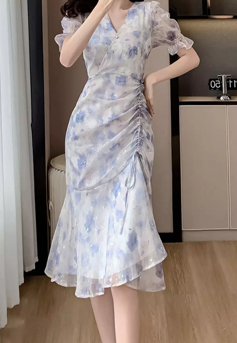 Twenty Eight Shoes V-neck Chiffon Floral Slim Cut Midi Dress SED88964GT539-1