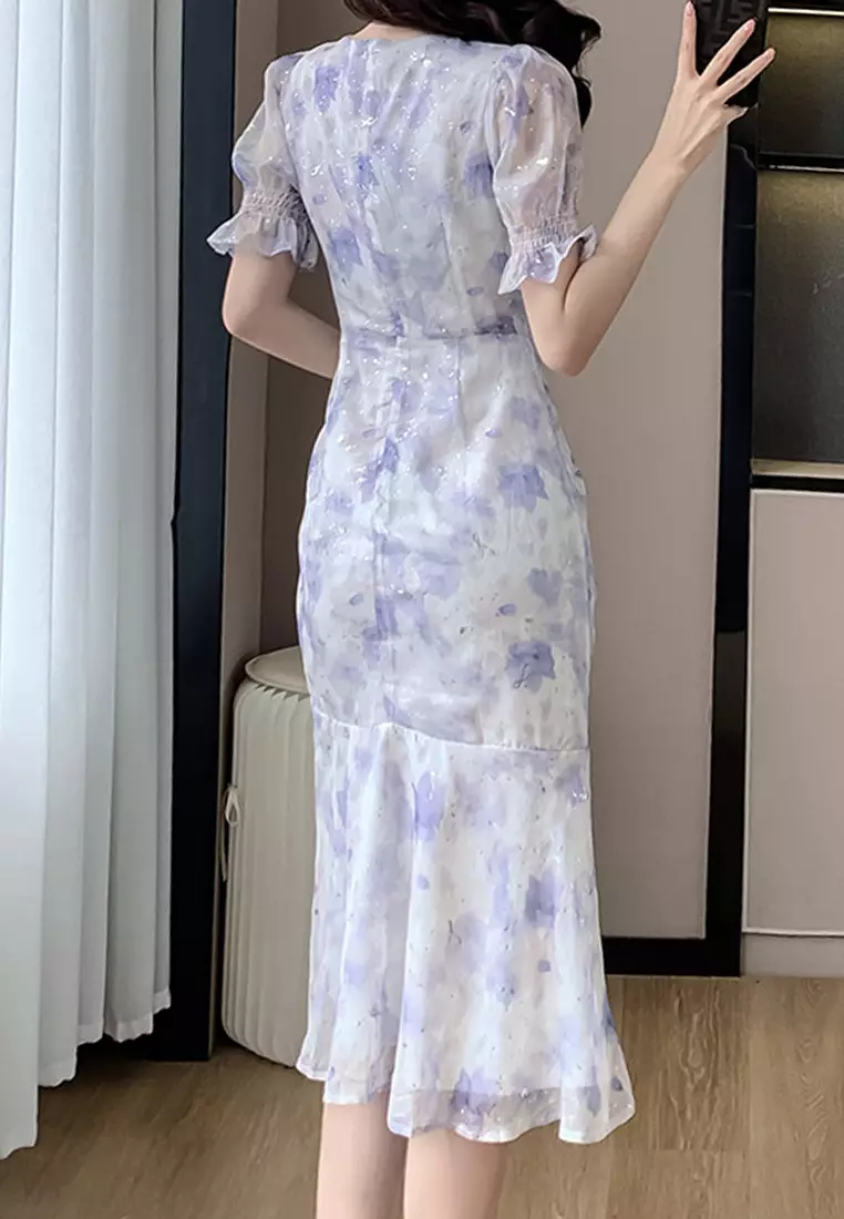 Twenty Eight Shoes V-neck Chiffon Floral Slim Cut Midi Dress SED88964GT539-1