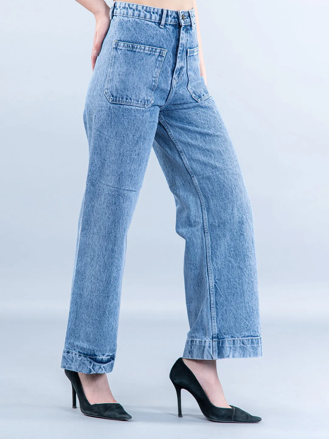 Two Pocket Light Blue Flared Jeans For Women