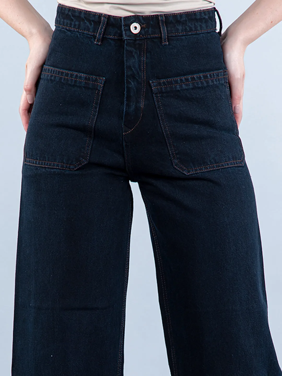 Two Pocket Navy Blue Flared Jeans For Women