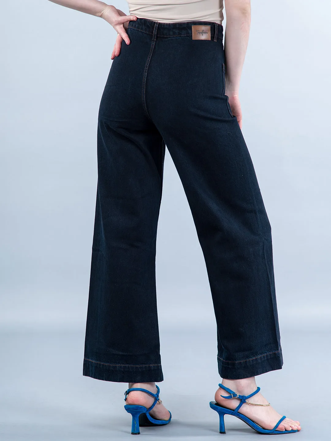 Two Pocket Navy Blue Flared Jeans For Women