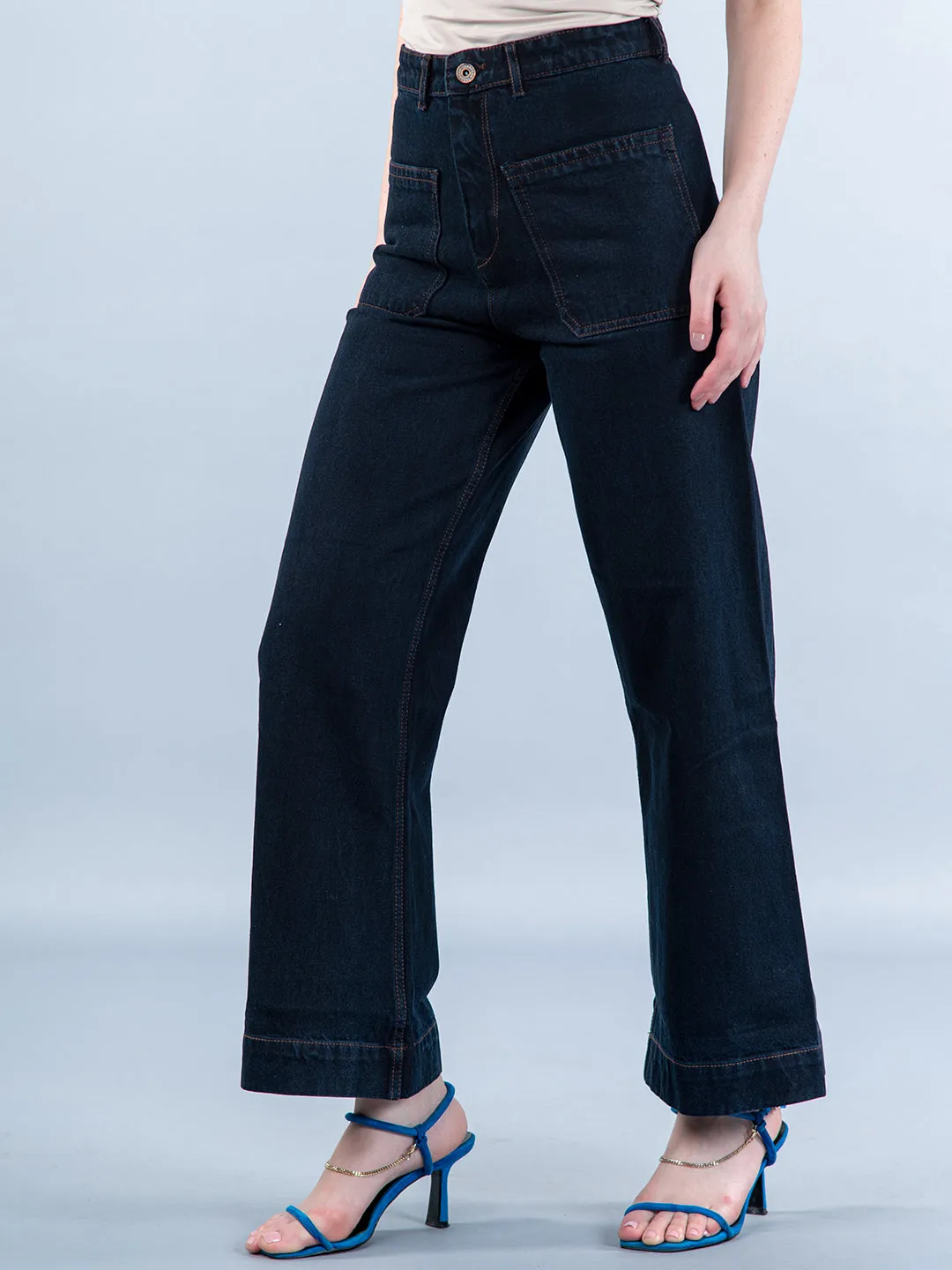 Two Pocket Navy Blue Flared Jeans For Women