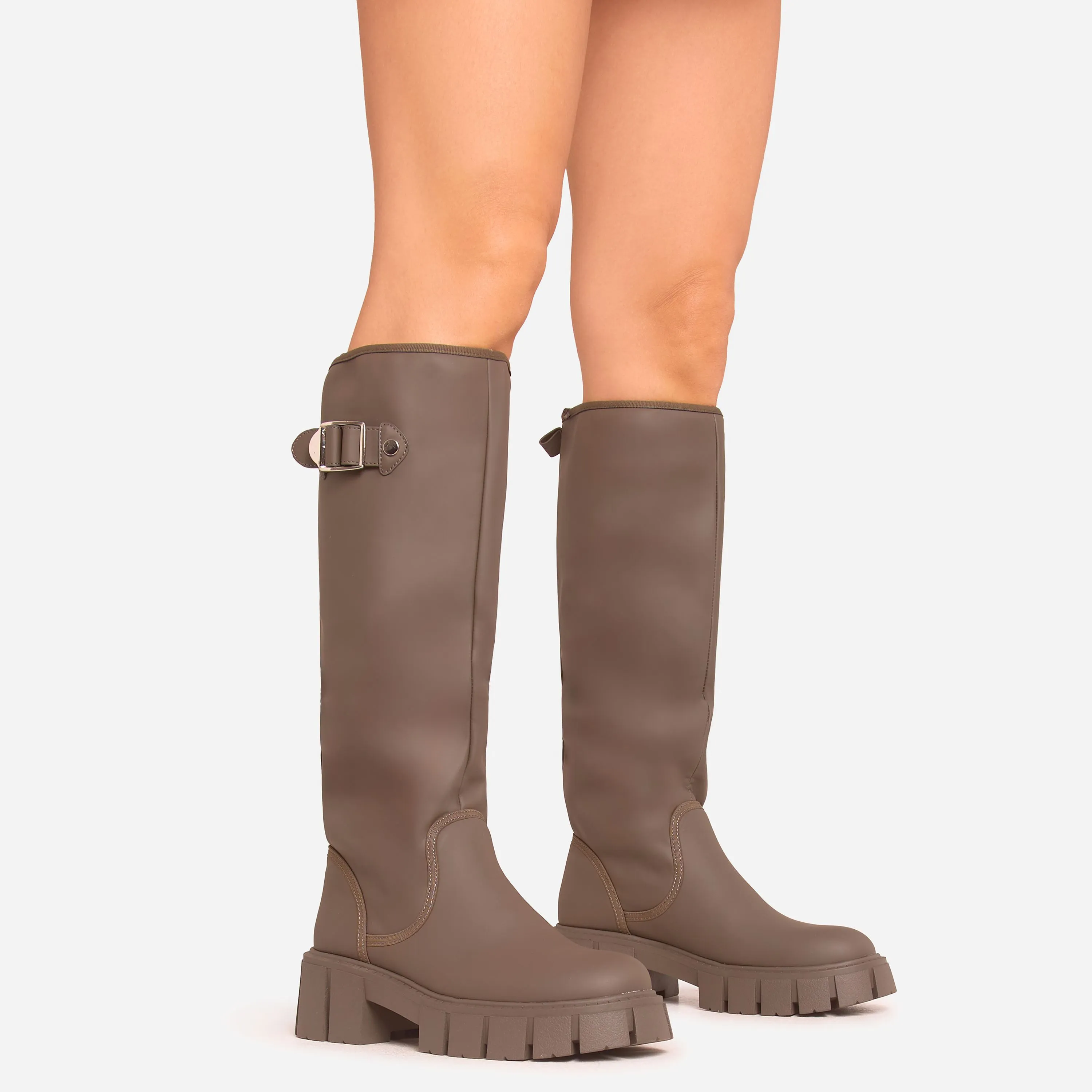 Una Buckle Detail Chunky Sole Knee High Long Wellington Boot In Khaki Green Rubber