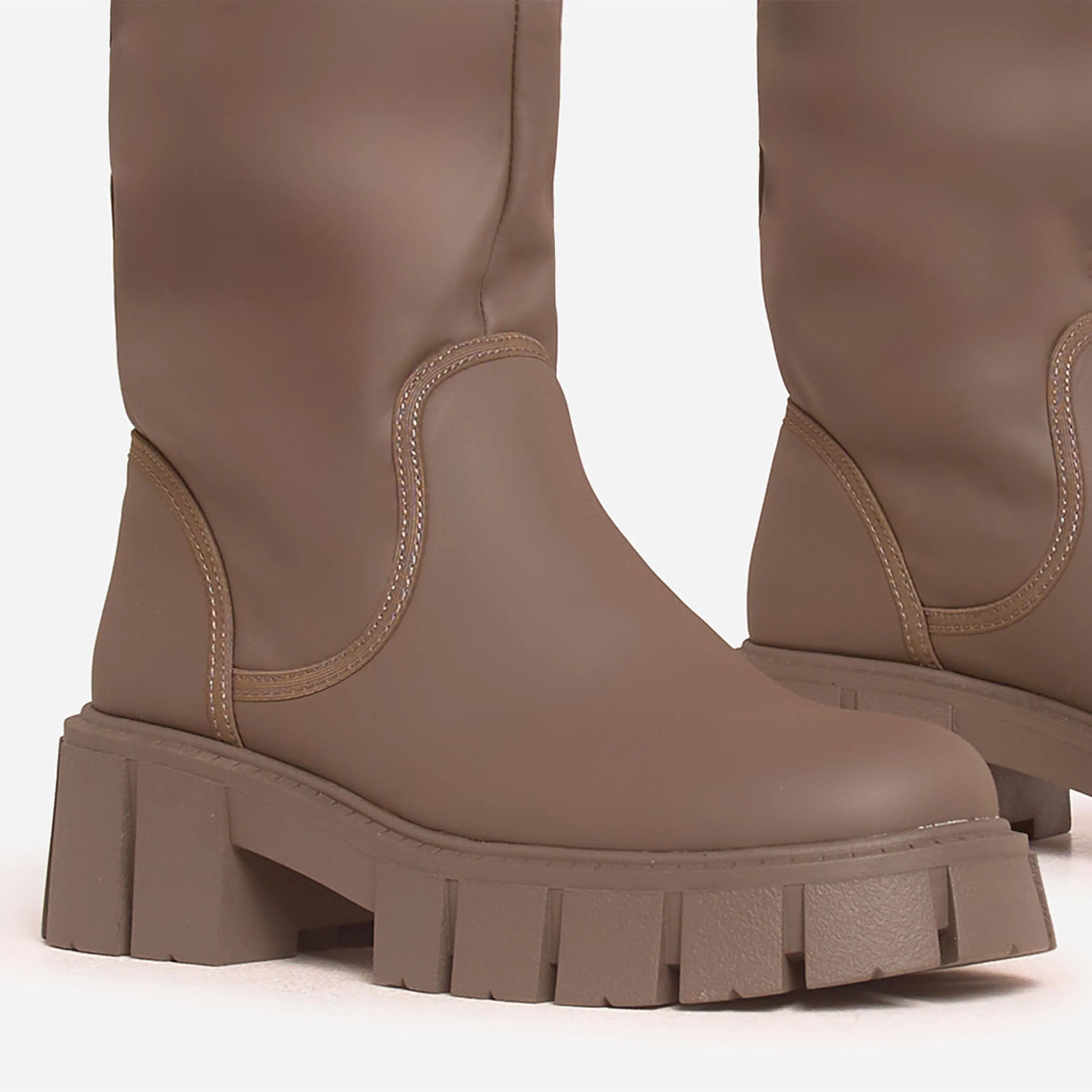 Una Buckle Detail Chunky Sole Knee High Long Wellington Boot In Khaki Green Rubber