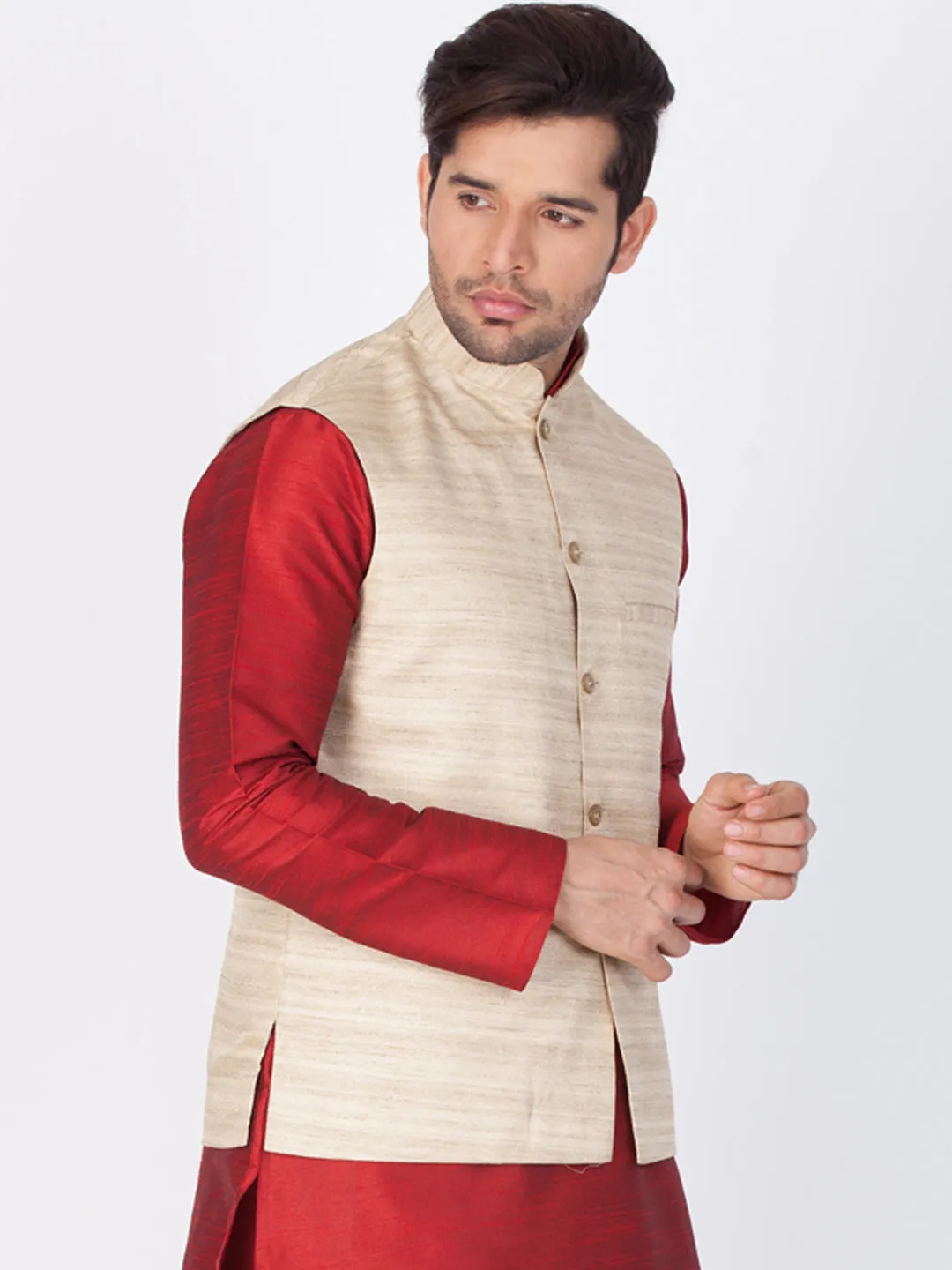 VASTRAMAY Men's Beige Cotton Silk Blend Ethnic Jacket