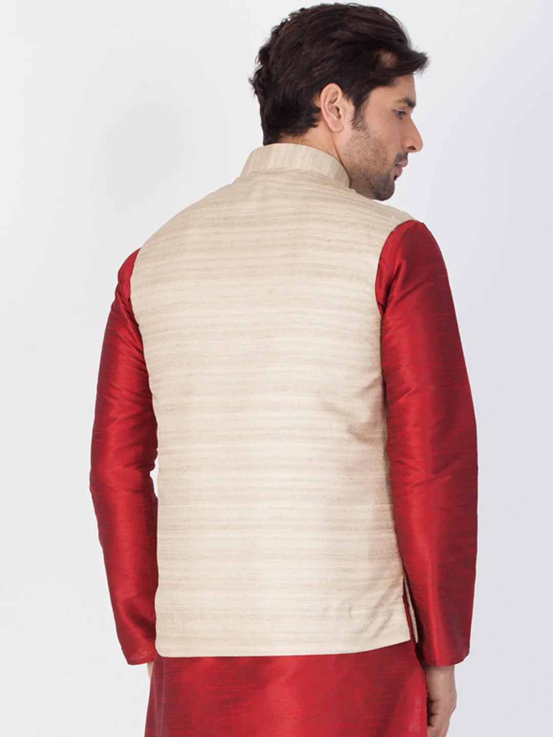 VASTRAMAY Men's Beige Cotton Silk Blend Ethnic Jacket