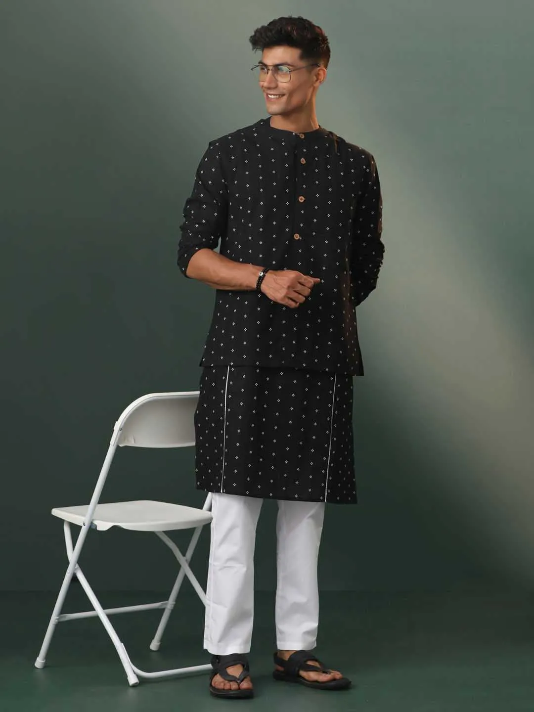 VASTRAMAY Men's Black Jacquard Cotton Jacket Kurta Pyjama Set