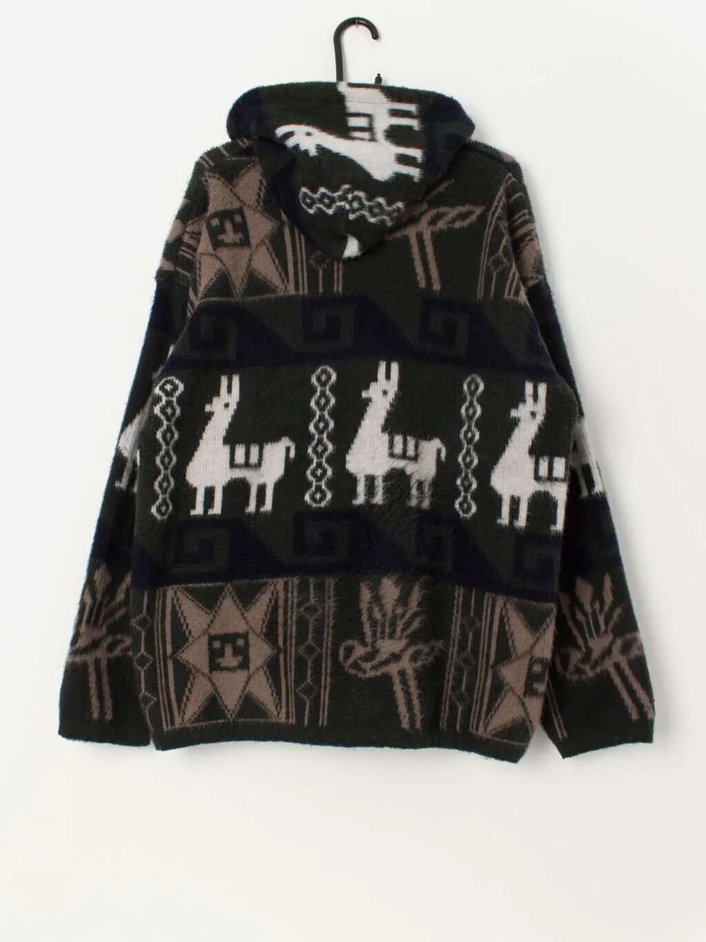 Vintage handmade hooded cardigan coat with llama / alpaca design – Large