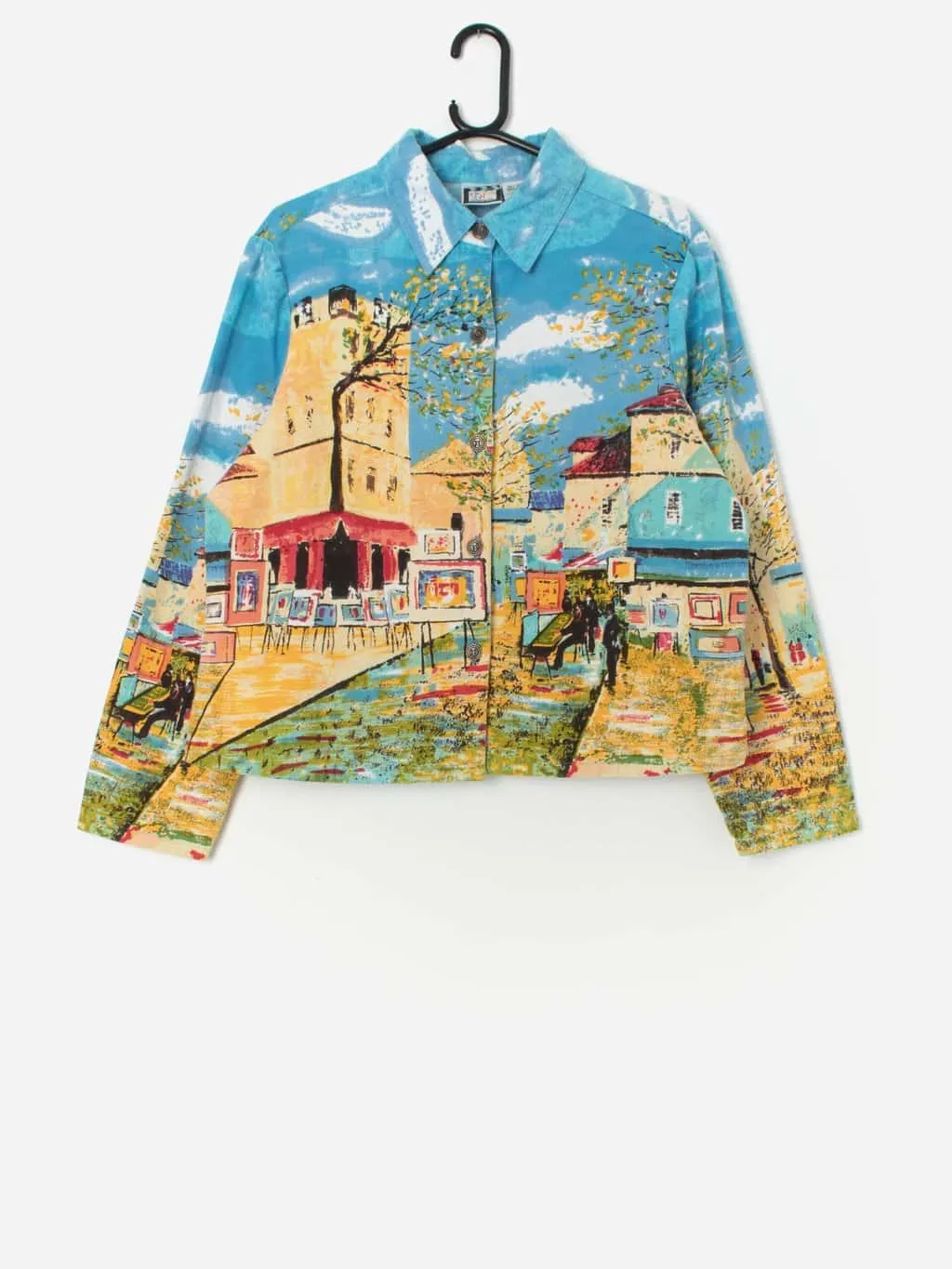 Vintage women’s jacket with painted Paris Montmartre street scene – Large