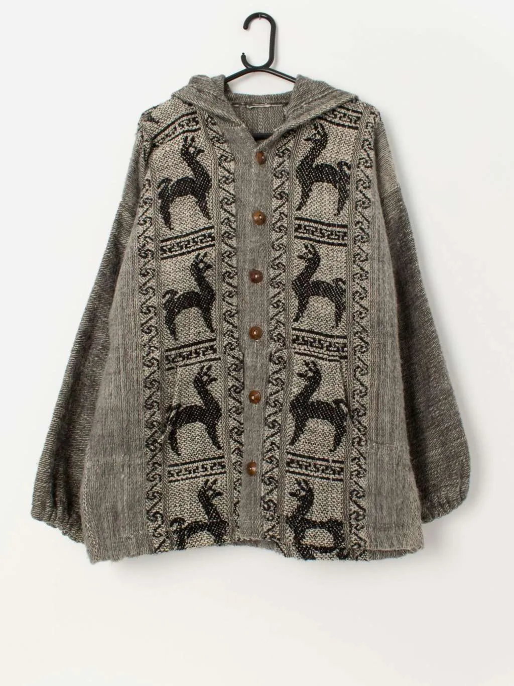 Vintage woven handmade hooded cardigan coat, llama design – Large / XL