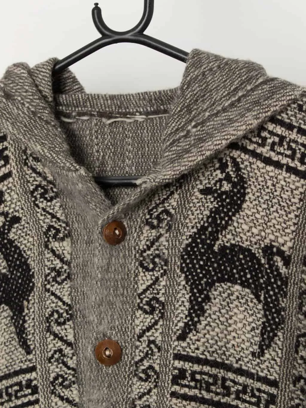 Vintage woven handmade hooded cardigan coat, llama design – Large / XL