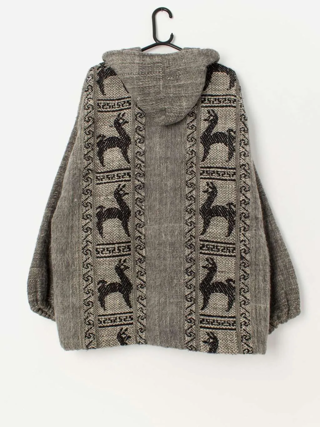 Vintage woven handmade hooded cardigan coat, llama design – Large / XL