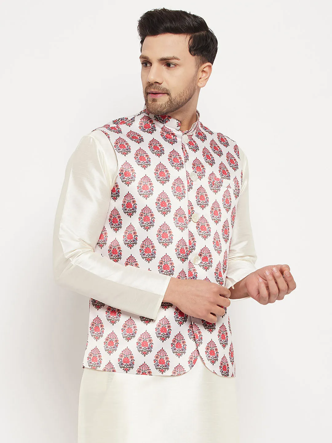 VM BY VASTRAMAY Men's White & Red Floral Printed Slim-Fit Satin Nehru Jacket