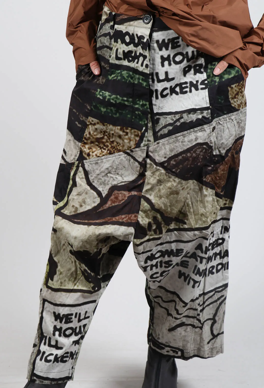 Wide Leg Drop Crotch Trousers in Big Comic Print