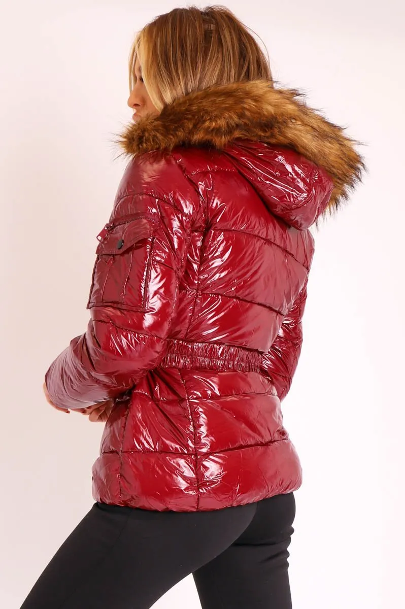 Wine High Shine Fur Trim Puffer Coat - Stacia