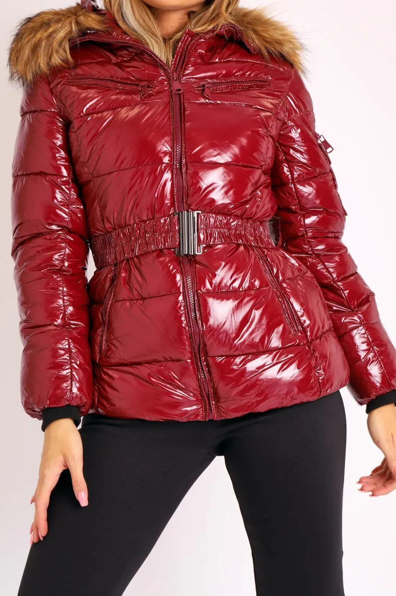 Wine High Shine Fur Trim Puffer Coat - Stacia