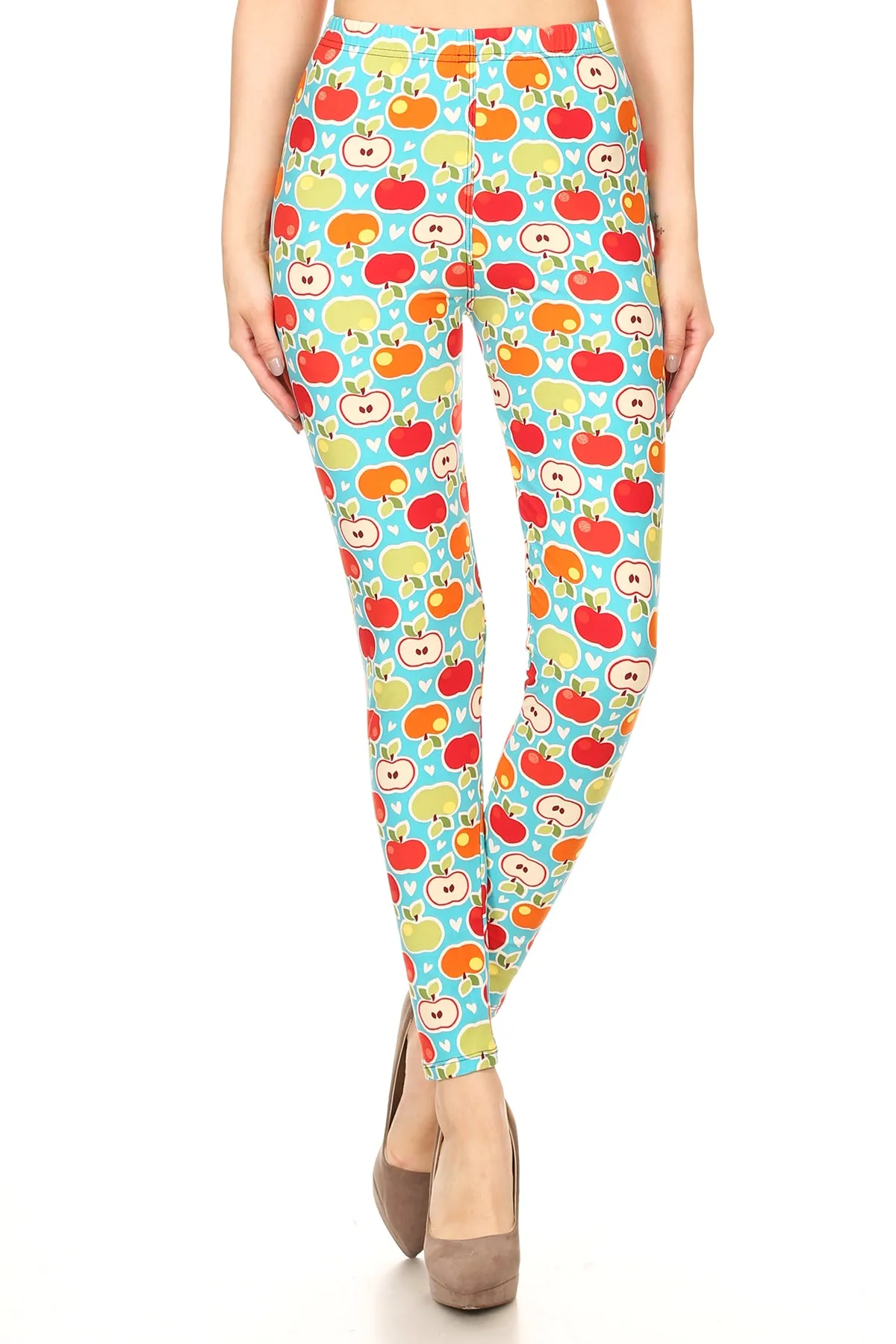 Women's PLUS Apple Pattern Printed Leggings - Red Orange Green