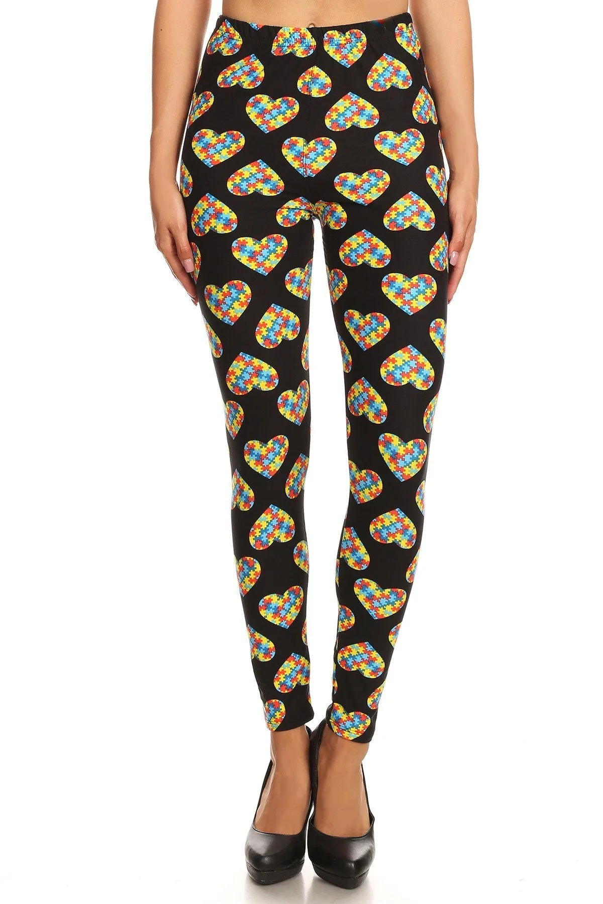 Women's Plus Heart Autism Jigsaw Puzzles Pattern Printed Leggings