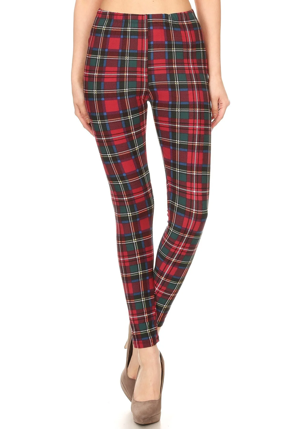 Women's Regular Burgundy Green Plaid Pattern Printed Leggings