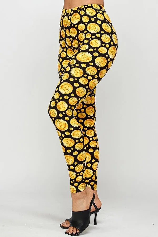 Women's Regular Yellow Bitcoin Pattern Printed Leggings