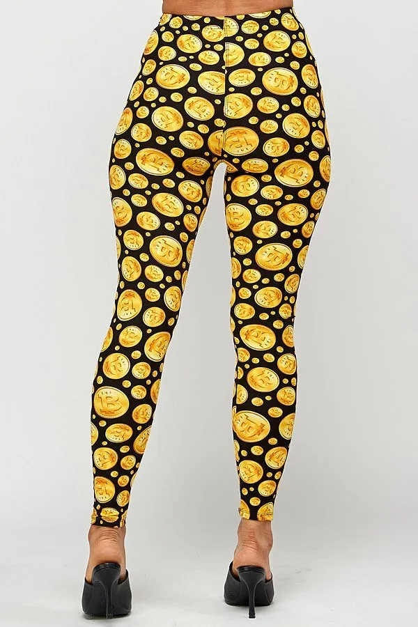 Women's Regular Yellow Bitcoin Pattern Printed Leggings